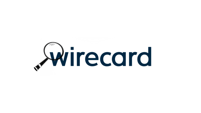 Image of a magnifying glass laid over the Wirecard logo.