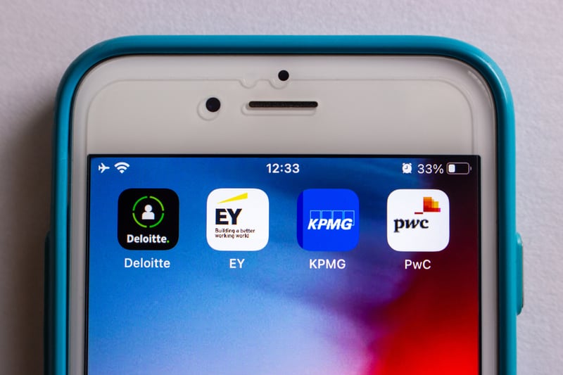 Image of a smartphone with the Big 4 auditors' branded apps displayed on the screen.
